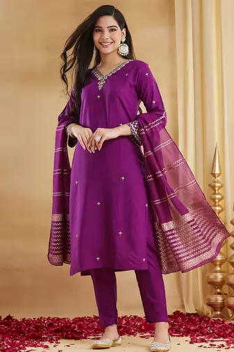 Magenta viscose rayon heavy thread embroidery with woven dupatta kurta pant set