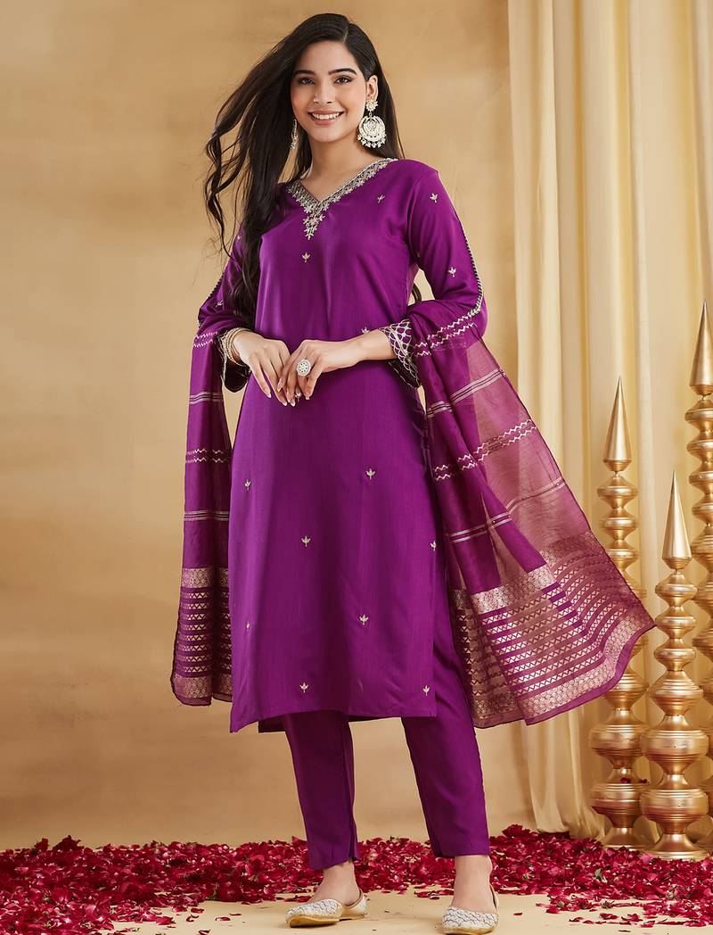 Magenta viscose rayon heavy thread embroidery with woven dupatta kurta pant set