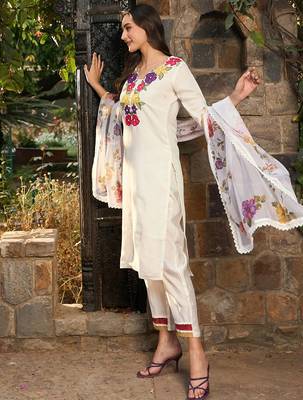 Floral Embroidered Patchwork Straight Kurta With Trousers & Dupatta 6
