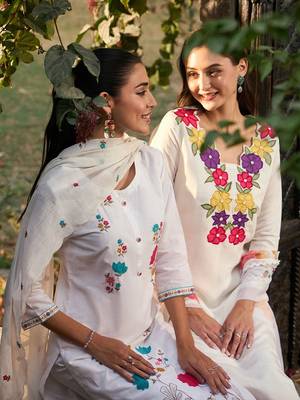 Floral Embroidered Patchwork Straight Kurta With Trousers & Dupatta 8