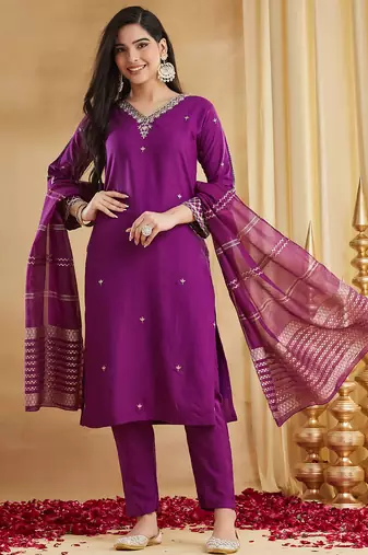 Magenta viscose rayon heavy thread embroidery with woven dupatta kurta pant set