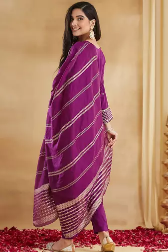 Magenta viscose rayon heavy thread embroidery with woven dupatta kurta pant set