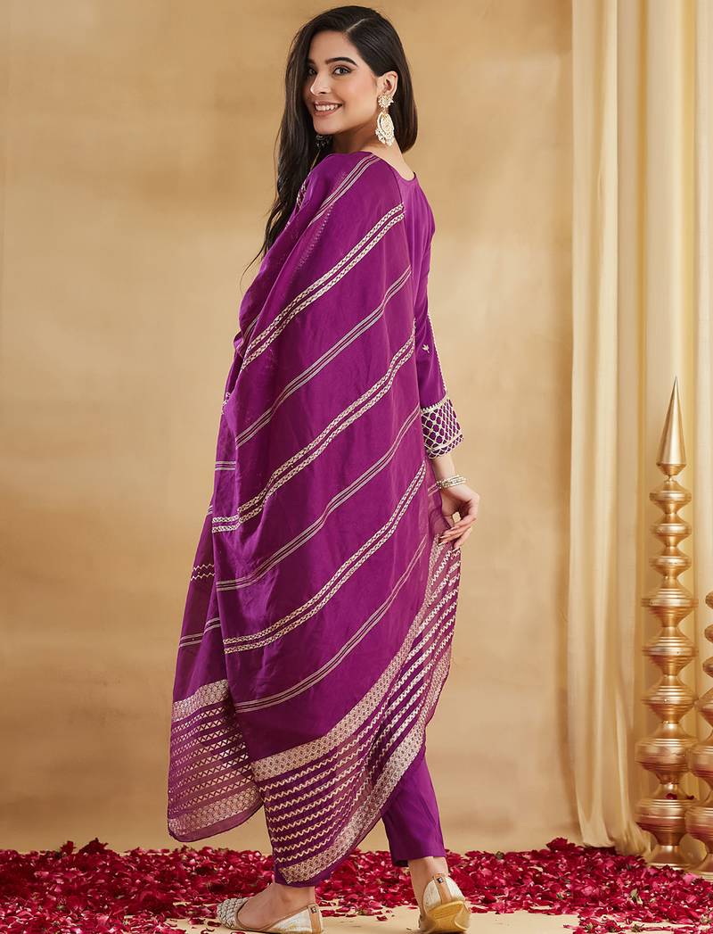 Magenta viscose rayon heavy thread embroidery with woven dupatta kurta pant set