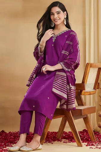 Magenta viscose rayon heavy thread embroidery with woven dupatta kurta pant set