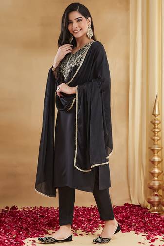 Black rayon slub heavy thread embroidery work kurta pant set