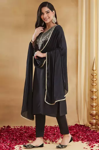 Black rayon slub heavy thread embroidery work kurta pant set