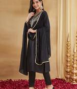 Black rayon slub heavy thread embroidery work kurta pant set