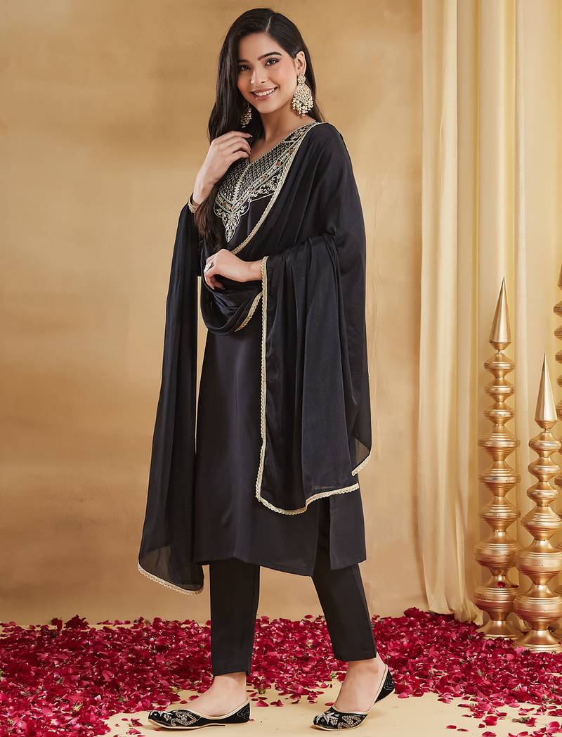 Black rayon slub heavy thread embroidery work kurta pant set