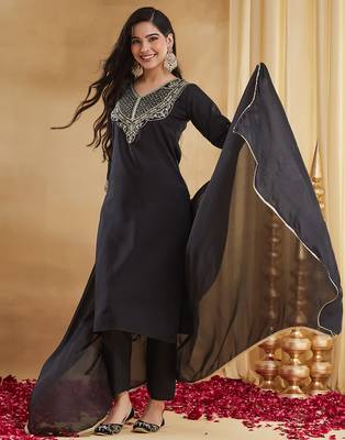 Black rayon slub heavy thread embroidery work kurta pant set 2