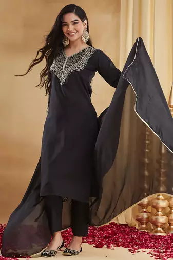 Black rayon slub heavy thread embroidery work kurta pant set