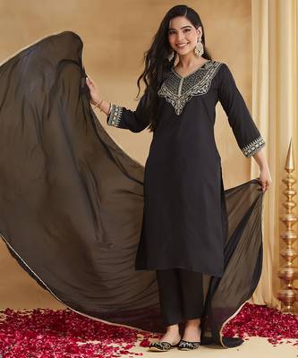 Black rayon slub heavy thread embroidery work kurta pant set 3