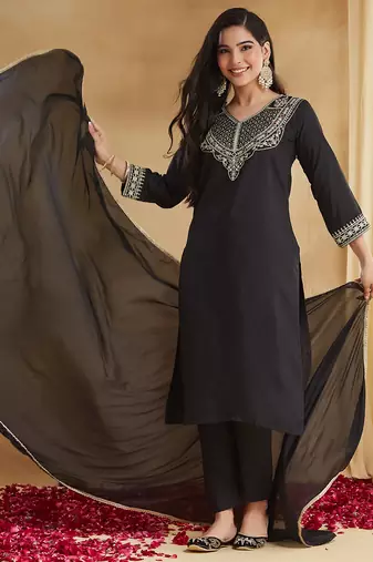 Black rayon slub heavy thread embroidery work kurta pant set