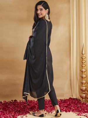 Black rayon slub heavy thread embroidery work kurta pant set 4