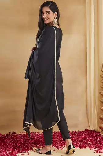 Black rayon slub heavy thread embroidery work kurta pant set