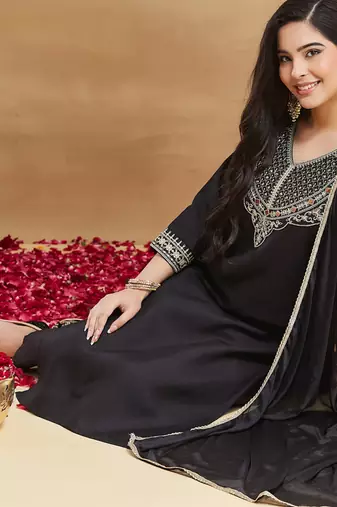 Black rayon slub heavy thread embroidery work kurta pant set