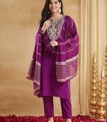 Magenta viscose rayon heavy thread embroidery with woven dupatta kurta pant set