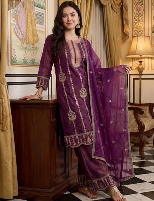 Women Ethnic Motifs Embroidered Thread Work Kurta with Palazzos & With Dupatta 1