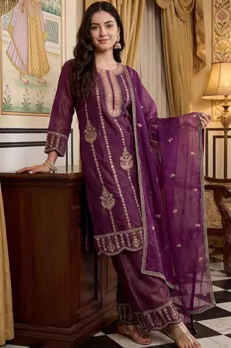 Women Ethnic Motifs Embroidered Thread Work Kurta with Palazzos & With Dupatta