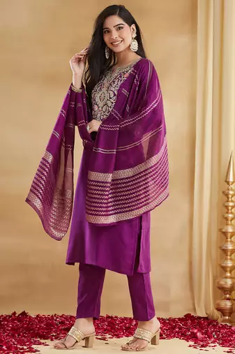 Magenta viscose rayon heavy thread embroidery with woven dupatta kurta pant set