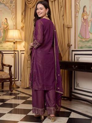 Women Ethnic Motifs Embroidered Thread Work Kurta with Palazzos & With Dupatta 4