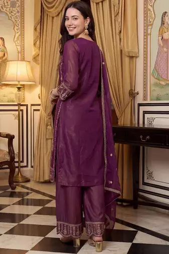 Women Ethnic Motifs Embroidered Thread Work Kurta with Palazzos & With Dupatta
