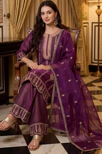 Women Ethnic Motifs Embroidered Thread Work Kurta with Palazzos & With Dupatta