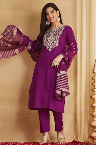 Magenta viscose rayon heavy thread embroidery with woven dupatta kurta pant set