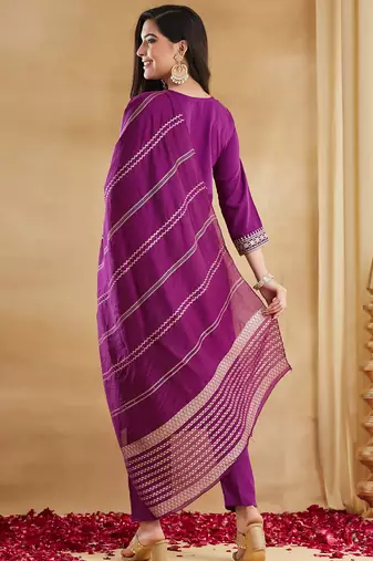 Magenta viscose rayon heavy thread embroidery with woven dupatta kurta pant set