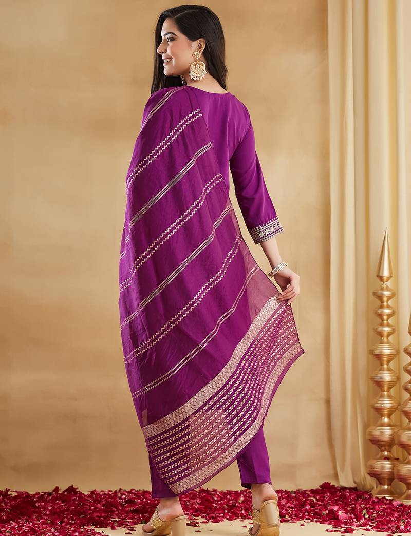 Magenta viscose rayon heavy thread embroidery with woven dupatta kurta pant set