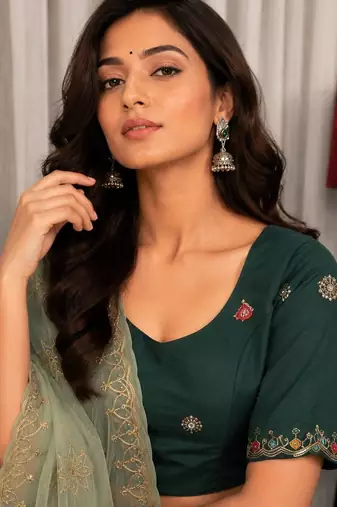 Dark Green Color Embroidery malti Thred work and sequins work. And Aari mirror work Roman Silk Blend Lahenga Choli Set