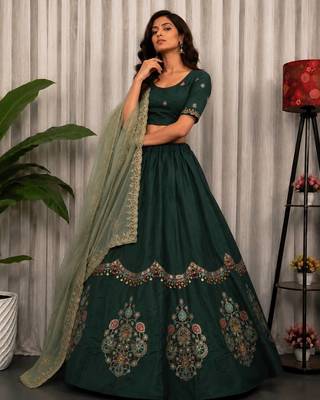 Dark Green Color Embroidery malti Thred work and sequins work. And Aari mirror work Roman Silk Blend Lahenga Choli Set 3