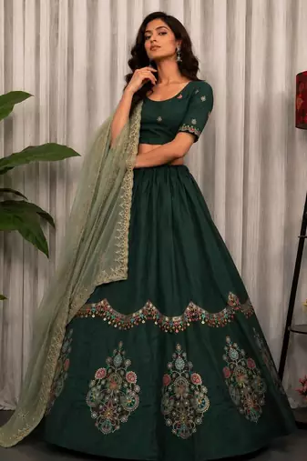 Dark Green Color Embroidery malti Thred work and sequins work. And Aari mirror work Roman Silk Blend Lahenga Choli Set