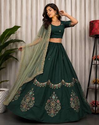 Dark Green Color Embroidery malti Thred work and sequins work. And Aari mirror work Roman Silk Blend Lahenga Choli Set 1