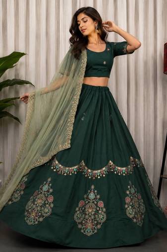 Dark Green Color Embroidery malti Thred work and sequins work. And Aari mirror work Roman Silk Blend Lahenga Choli Set