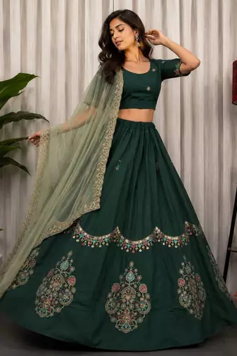 Dark Green Color Embroidery malti Thred work and sequins work. And Aari mirror work Roman Silk Blend Lahenga Choli Set