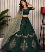 Dark Green Color Embroidery malti Thred work and sequins work. And Aari mirror work Roman Silk Blend Lahenga Choli Set