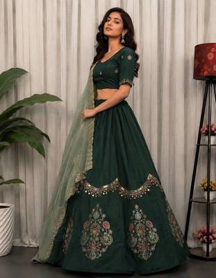 Dark Green Color Embroidery malti Thred work and sequins work. And Aari mirror work Roman Silk Blend Lahenga Choli Set 4