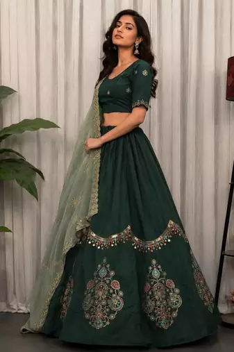 Dark Green Color Embroidery malti Thred work and sequins work. And Aari mirror work Roman Silk Blend Lahenga Choli Set