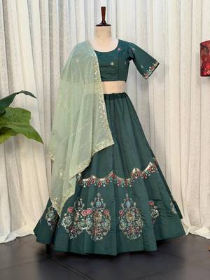 Dark Green Color Embroidery malti Thred work and sequins work. And Aari mirror work Roman Silk Blend Lahenga Choli Set 5