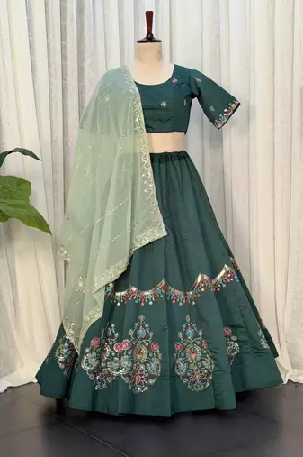 Dark Green Color Embroidery malti Thred work and sequins work. And Aari mirror work Roman Silk Blend Lahenga Choli Set