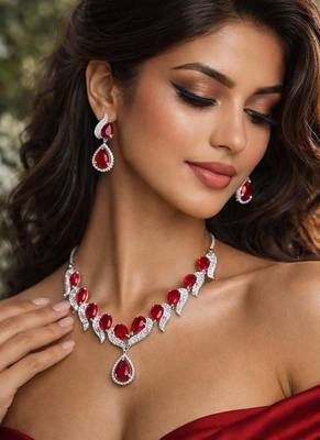 red teardrop crystal necklace earrings set, bridal statement jewellery, silver rhinestone wedding prom 1