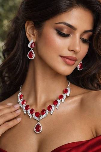 red teardrop crystal necklace earrings set, bridal statement jewellery, silver rhinestone wedding prom