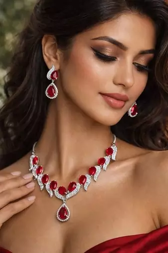 red teardrop crystal necklace earrings set, bridal statement jewellery, silver rhinestone wedding prom
