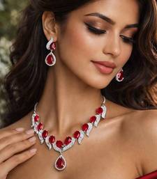 red teardrop crystal necklace earrings set, bridal statement jewellery, silver rhinestone wedding prom