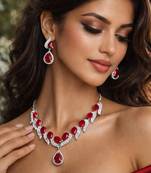 red teardrop crystal necklace earrings set, bridal statement jewellery, silver rhinestone wedding prom