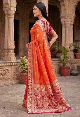 Orange soft banarasi silk saree with zari weaving meenakari design 3