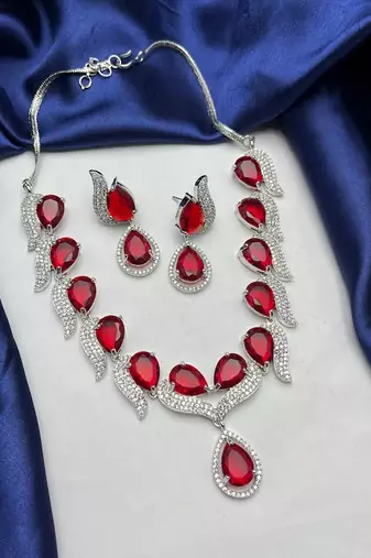 red teardrop crystal necklace earrings set, bridal statement jewellery, silver rhinestone wedding prom