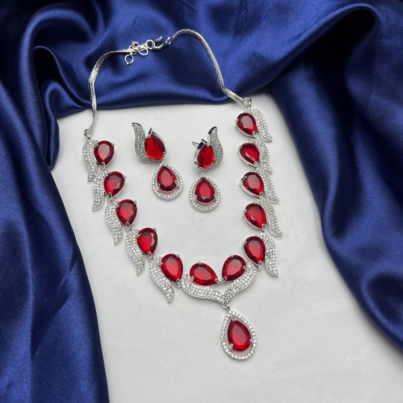red teardrop crystal necklace earrings set, bridal statement jewellery, silver rhinestone wedding prom