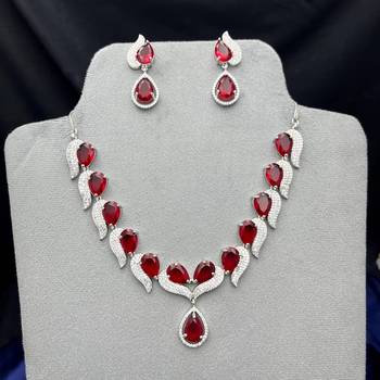 red teardrop crystal necklace earrings set, bridal statement jewellery, silver rhinestone wedding prom 3