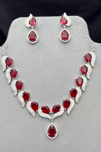 red teardrop crystal necklace earrings set, bridal statement jewellery, silver rhinestone wedding prom